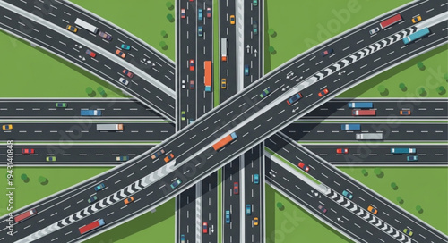 Aerial View of a Busy Highway Interchange with Traffic.