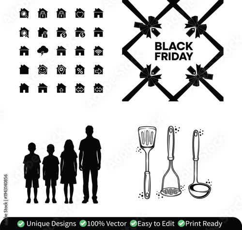 Real Estate House Icons Set, Black Friday Sale Ribbon Frame Design, Family Silhouette People Collection and Kitchen Cooking Utensils Vector Illustration