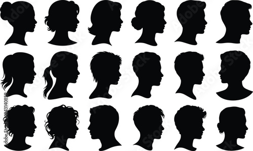 Collection of Black Silhouettes of Diverse Human Heads and Hairstyles Keywords: silhouette, head, profile, human, face, woman