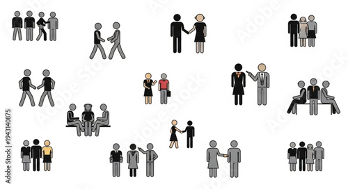 Illustrations of People Interacting - Handshakes, Meetings, and Group Gatherings.
