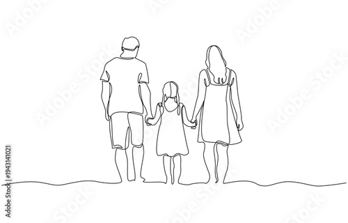 Continuous one line drawing of family walking together on sand toward sea, family bonding, childhood memory concept, single line art