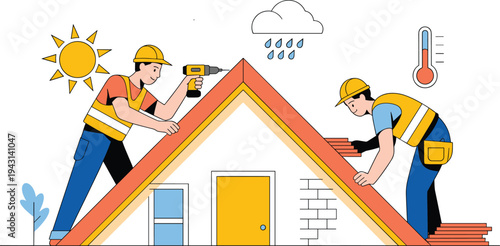 Construction workers installing house roof in changing weather conditions, home repair service concept, flat vector illustration