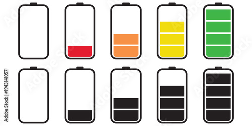 Battery fast charging features and issues icon set in black and colorful style. Battery symbols with fast charging,  exclamation, low, plus, minus, tick and full charge signs