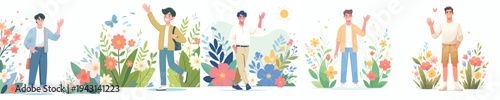 vector of a man standing happily waving hand in the park during spring