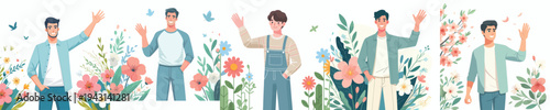 half body vector of a man standing happily waving hand in the park during spring
