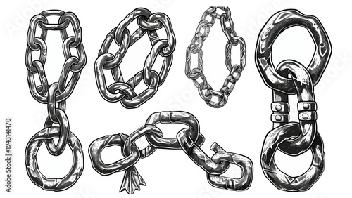 Vector doodle black linocut cartoon chains set.