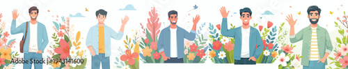 half body vector of a man standing happily waving hand in the park during spring