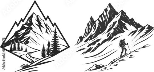 Minimalist mountain landscapes with hiker silhouette.
