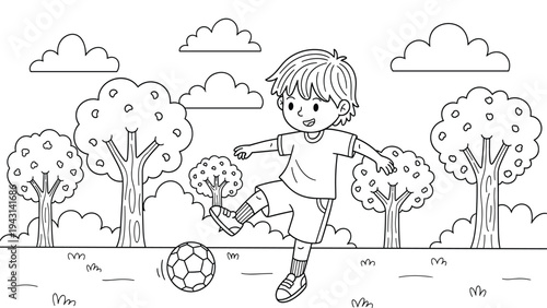 Happy Boy Kicking Soccer Ball Outdoors, Coloring Page