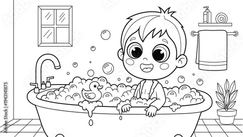Happy Boy Bathing in Bubble Bath with Rubber Duck