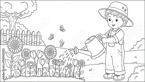 Child watering flowers in garden, illustration, coloring page, summer fun