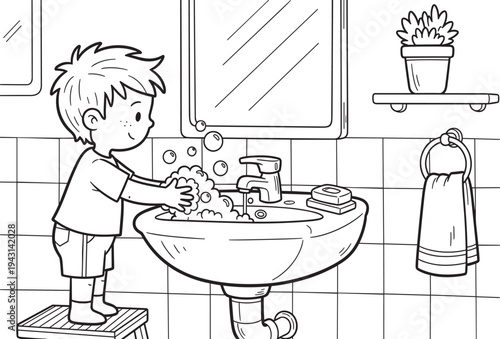Boy Washing Hands with Soap and Water in Bathroom