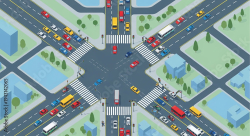 Isometric View of a Busy City Intersection with Traffic.