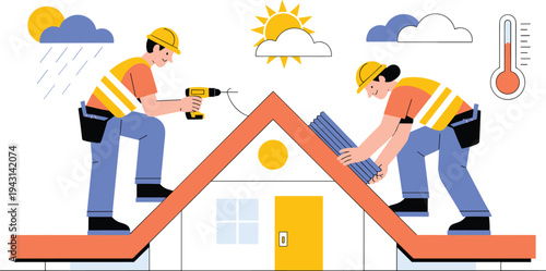 Construction workers repairing house roof in changing weather conditions, home maintenance service, flat vector illustration