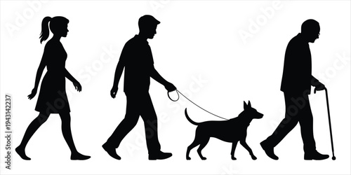 Silhouettes of a woman a man with a dog and an elderly man with a cane walking Keywords: silhouette, walking, people, woman, man