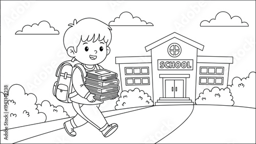 Happy boy with backpack carrying books walking to school building