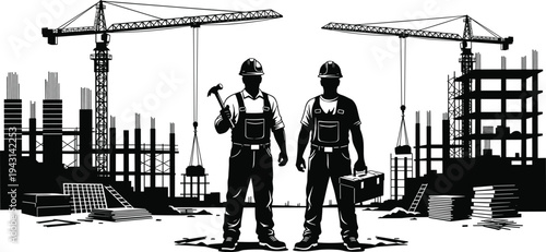 Black and white silhouette of professional construction workers with hammer and toolbox standing at building site with cranes and scaffolding