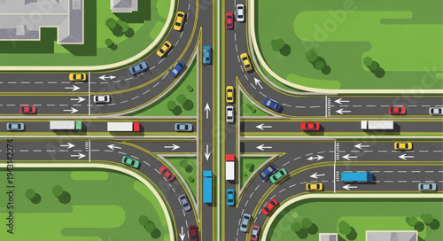 Aerial View of a Busy Road Intersection with Traffic.