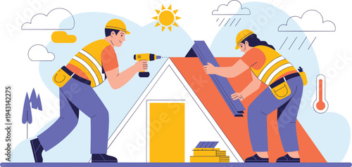 Construction workers repairing house roof in different weather conditions, home maintenance service, flat vector illustration concept