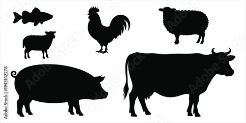 Silhouettes of farm animals and a fish on a white background sheep rooster