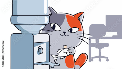 Funny cat with fish near water cooler in office, office life, office humor, cat lover, funny animal, prankster, cute pet, humorous cartoon illustration