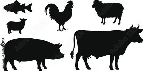 Silhouettes of farm animals including a fish rooster sheep pig and cow Keywords: farm animal, silhouette, livestock, agriculture
