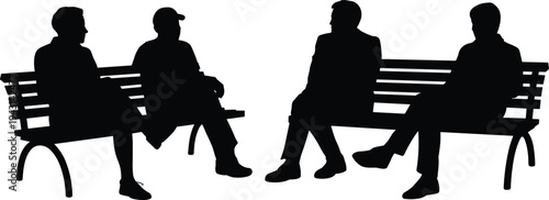 Silhouettes of four men sitting on two park benches talking Keywords: men, silhouette, sitting, bench, park bench, conversation