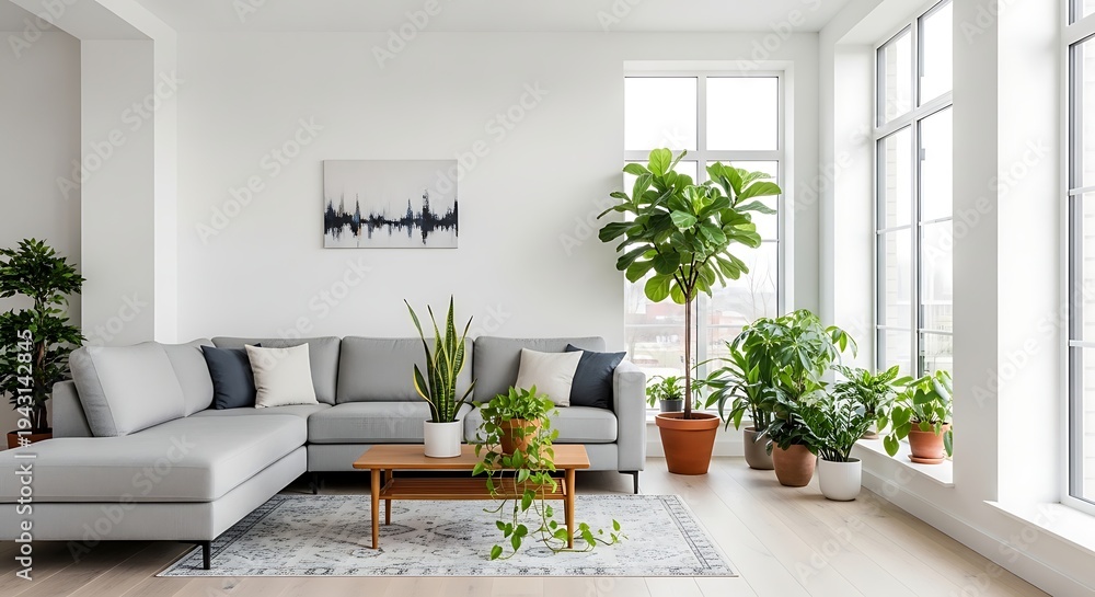 Fototapeta premium Modern Living Room with Plants and Gray Couch