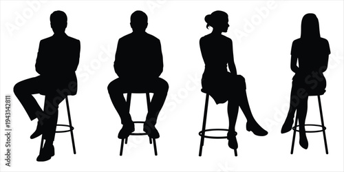 Silhouettes of four people sitting on bar stools in formal attire vector illustration