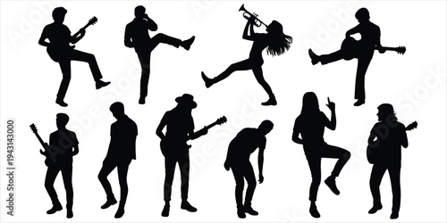 Silhouettes of musicians playing instruments and dancing on a white background Keywords: silhouette, musician, music, guitar
