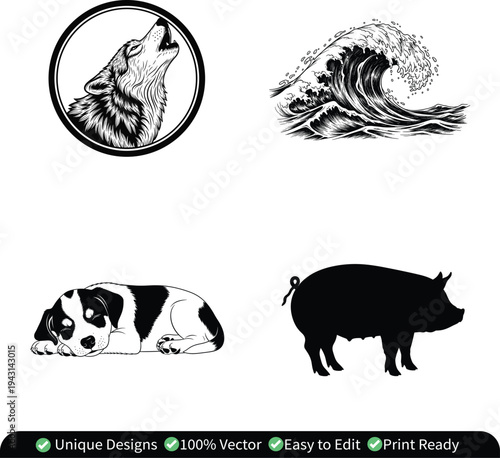 Howling Wolf Head Logo Emblem, Ocean Wave Vintage Engraving Illustration, Sleeping Puppy Dog Cartoon and Pig Silhouette Farm Animal Vector Collection