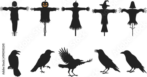 Silhouettes of scarecrows and crows for Halloween and autumn themes vector illustration