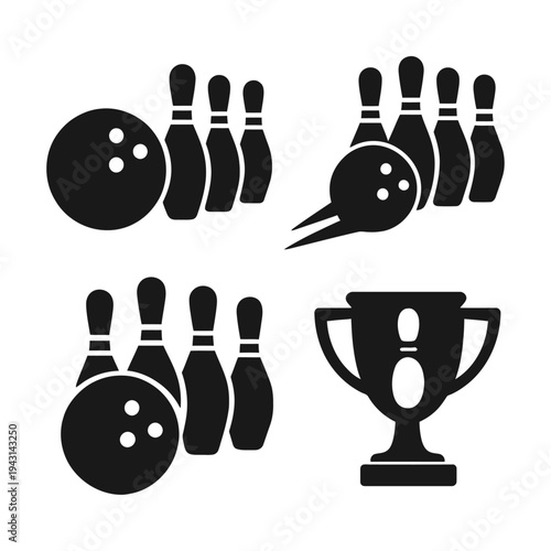 A set of bowling icons including balls, pins, and a trophy on a black background