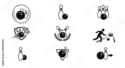 A collection of black and white bowling logos and icons