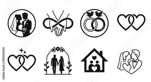 A collection of black and white wedding icons and vector graphics