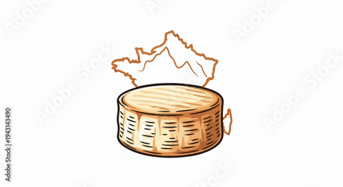 A drawn wheel of cheese rests before a sketch of a mountainous region