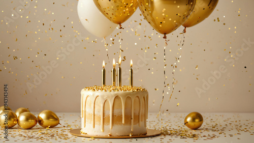 Stilvolle weiße Torte mit goldenen Kerzen und Ballondeko