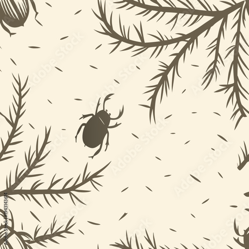 A minimalist vector graphic illustration of a beetle and pine branches on a beige background