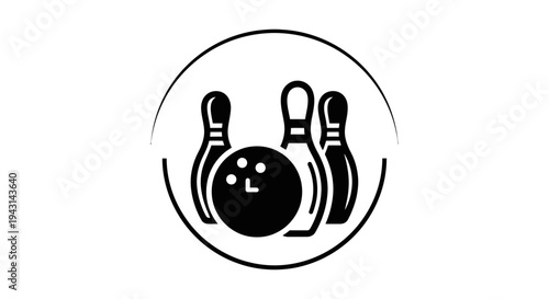 A black and white illustration of a bowling ball and pins