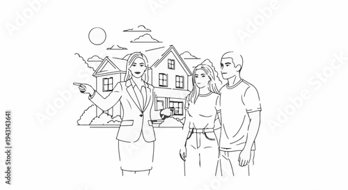 A person points to houses, with a couple looking on