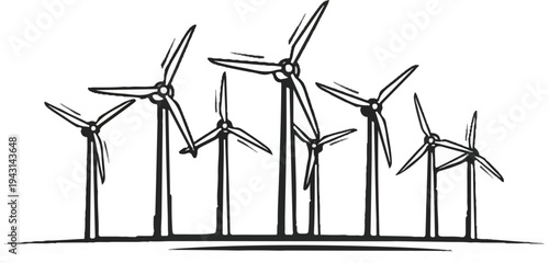 A line drawing of wind turbines on a white background