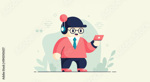 A friendly character with headphones and a gadget