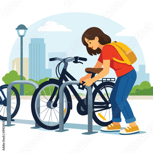 Woman locking her bike at a city bike rack