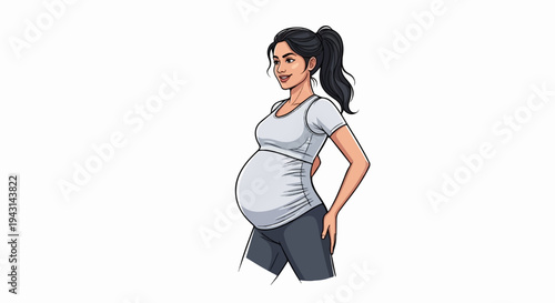 A smiling pregnant woman in athletic wear with her hair in a ponytail
