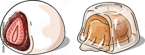 Two sweet, soft dough confections, one with strawberry and filling, one with clear wrapper