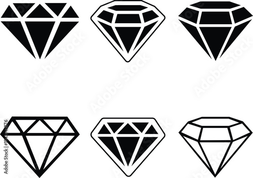 Diamond icons in outline and solid black, symbolizing luxury and value. Diamond Icons set. Diamonds collection. Flat and line style icon. - stock vector. isolated on transparent background