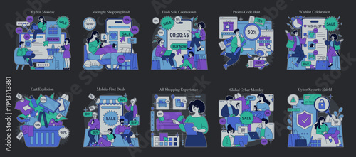 Cyber Monday Shopping Frenzy Vector Illustration