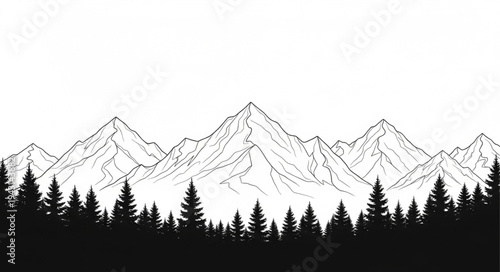 Mountain Range Silhouette with Trees.