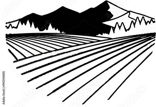 Stylized sketch of furrowed fields under mountains and trees