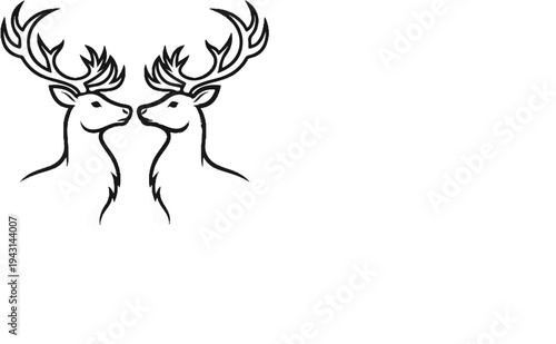 Two deer heads face each other with ornate antlers against a white background
